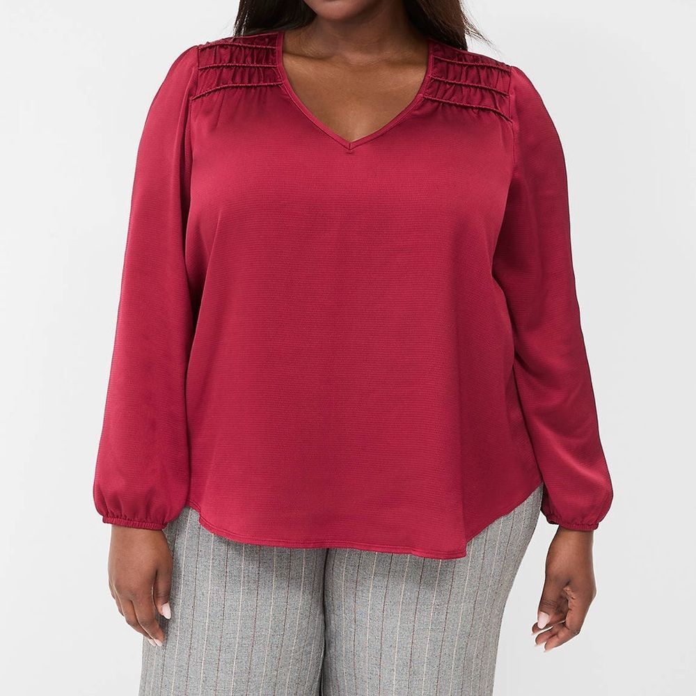 Lane Bryant Smocked-Shoulder Satin & Knit Blouse Georgette Size 26/28
